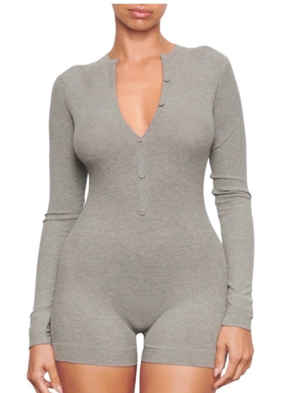 Skims Soft Lounge Button Up Henley Long Sleeve Romper Size Medium Grey